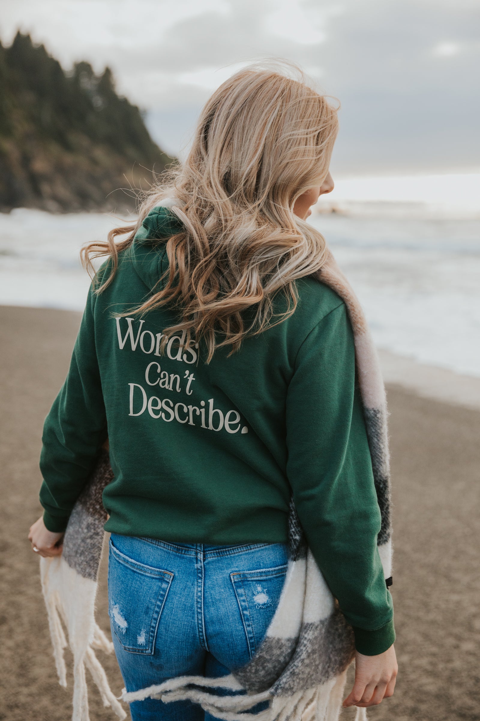 Words Cant Describe Green Hooded Sweatshirt, cozy comfort for anywhere vibes. Beach Sweatshirt. 